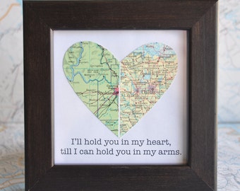 LDR Gift Long Distance Relationship Couple Gift for Distance Boyfriend Gift for Distance Girlfriend Map Heart Framed with Text