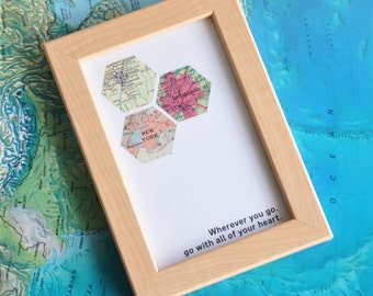 Study Abroad Gift for Traveler Personalized Map Art Custom Framed Geometric Hexagon Recycled