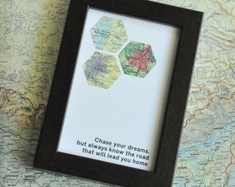 Personalized Gift for Traveler Study Abroad Gift for Her Map Art Custom Framed Geometric Hexagon Recycled