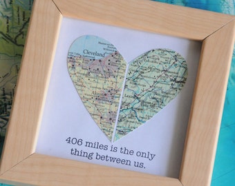 Personalized Gift for Men Long Distance Relationship Boyfriend Gift Map Heart Framed with Text