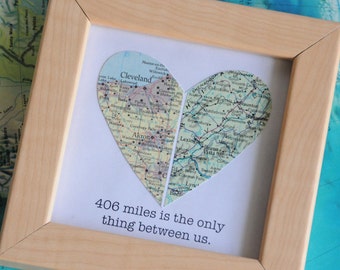 Personalized Gift Long Distance Relationship Boyfriend Gift Map Heart Framed with Text