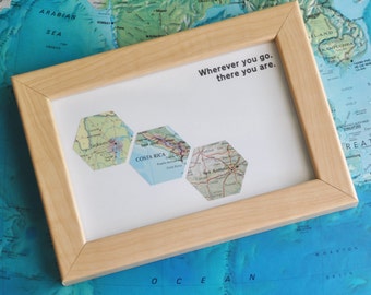 Personalized Gift for Him Gift for Traveler Map Art Custom Framed Geometric Hexagon Recycled Maps