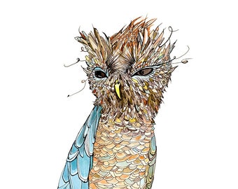 Owl Watercolor giclee print - grumpy owl ink Archival art in blues and browns neutral colors 8x10 inch wall bird art