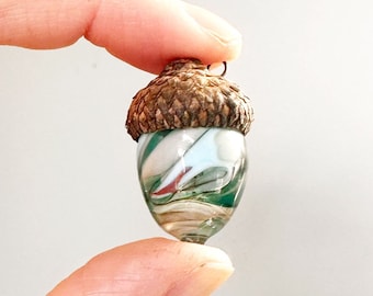 Glass Acorn Teal Swirls Charm handmade OOAK - object window suncatcher christmas ornament moretti flameworked lampwork no. 24