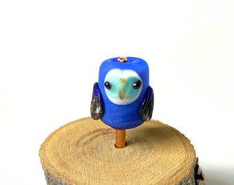 Indigo Blue Owl Glass Bead lampwork flameworked one-of-a-kind OOAK cute sculpture barn owl figurine handmade deep gemstone colors art No. 13