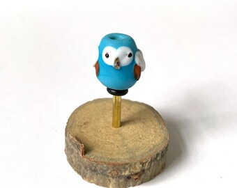 Glass Owl Bead lampwork flameworked one-of-a-kind OOAK cute sculpture gift figurine handmade art turquoise blue No. 34