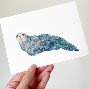Seal Watercolor giclee print ink Archival art in blues cool colors 5x7 inch selkie seal sealife wildlife illustration cute oceanlife image 1