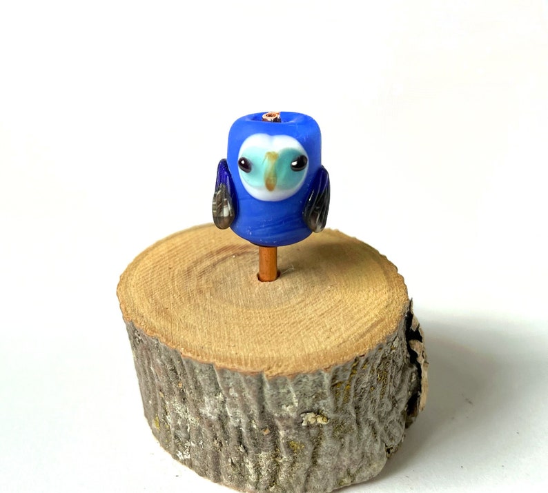 Indigo Blue Owl Glass Bead lampwork flameworked one-of-a-kind OOAK cute sculpture barn owl figurine handmade deep gemstone colors art No. 13 image 1