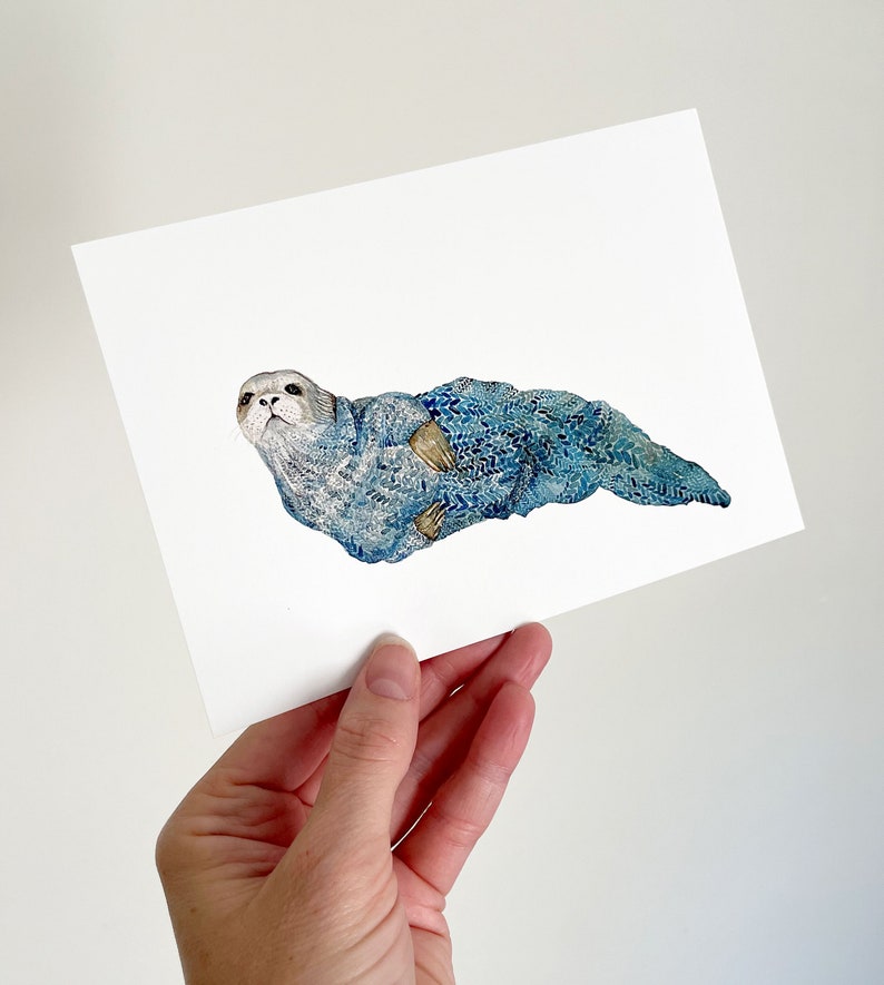 Seal Watercolor giclee print ink Archival art in blues cool colors 5x7 inch selkie seal sealife wildlife illustration cute oceanlife image 3