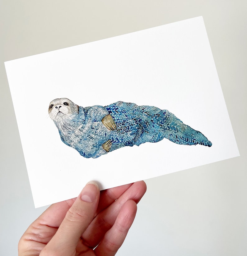 Seal Watercolor giclee print ink Archival art in blues cool colors 5x7 inch selkie seal sealife wildlife illustration cute oceanlife image 1