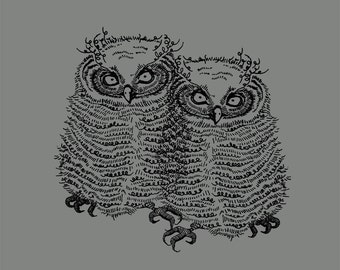 Baby Owls Conjoined Twins Gocco print - No. 89 - Screen print Reproduction of Ink Illustration Owl Spring Trends Grey Gray 5x7 matte image