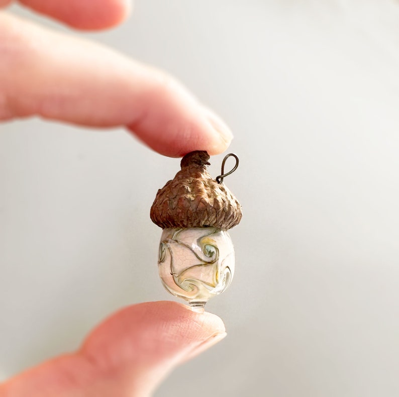 Antique White Swirls Glass Acorn pattern Charm handmade OOAK object window suncatcher christmas ornament moretti flameworked no. 30 image 3