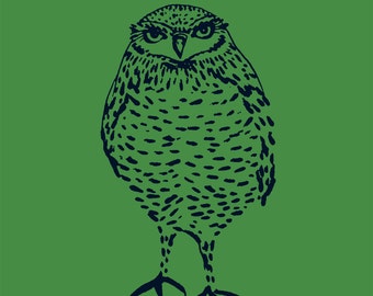 Burrowing Owl Gocco print - No. 75 - Screen print Reproduction of Ink Illustration Owl Spring Spring Trends Colors Green 5x7