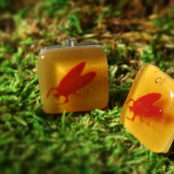 SALE Beetle Bug Cufflinks in Scarlet on Amber - Fused Glass Cuff Links by Happy Owl Glassworks - Gift for Him Fathers Day or Valentines Day