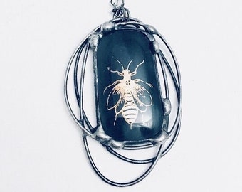 Cosmic Fused Glass Pendant | Black | Insect | Gold Decal