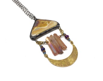 Boho Brass Moon Fused Glass Pendant