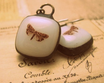 Fused Glass Moth Earrings - white stained glass w/ dark patina