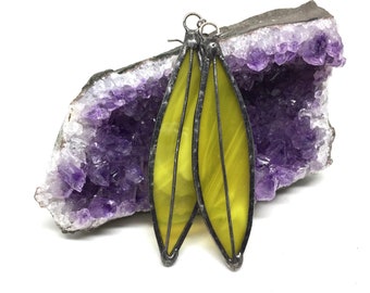 Bright Yellow | long leaf dangle earrings | stained glass | bohemian style | minimalist