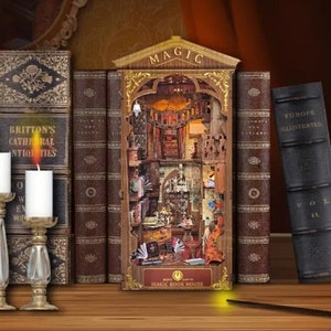 Magic Book House DIY Book Nook Bookshelf Insert Wooden Furniture Decor Miniature Dollhouse 3D Wooden puzzle DIY Wooden Model Kit