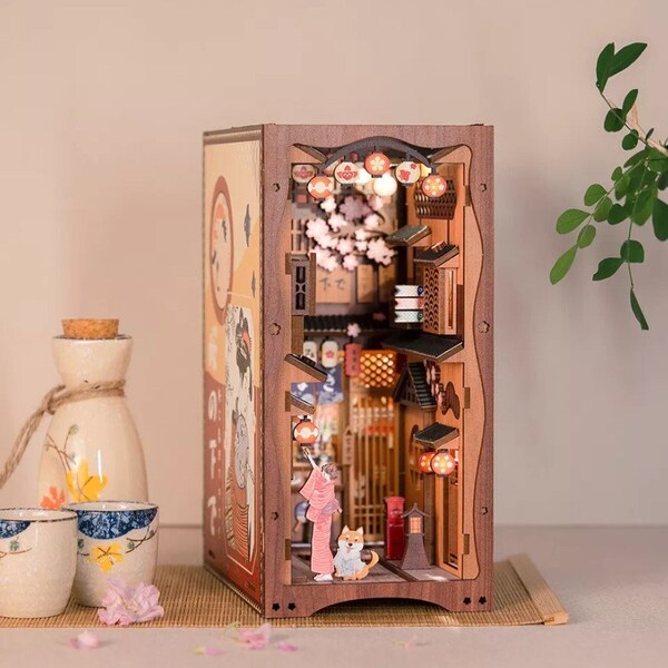 Under Sakura Tree DIY Book Nook Bookshelf Insert Wooden Furniture Decor Miniature Dollhouse 3D Wooden puzzle DIY Wooden Model Kit