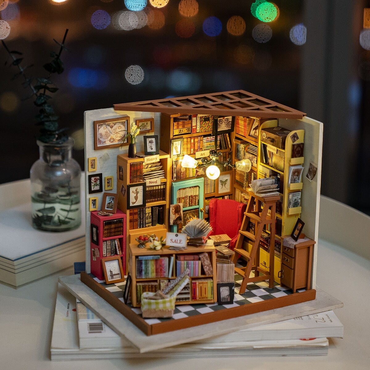 Rolife DIY Wooden Dollhouse Miniature Bookstore with LED Kit Craft