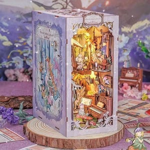 Flower Forest Concert DIY Book Nook Bookshelf Insert Dust Cover Wooden Decor Miniature Dollhouse 3D Wooden puzzle DIY Wooden Model Kit