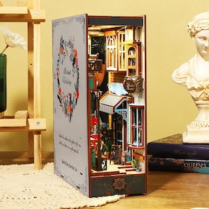 Island Holiday DIY Book Nook Bookshelf Insert Wooden Furniture Decor Miniature Dollhouse 3D Wooden puzzle DIY Wooden Model Kit