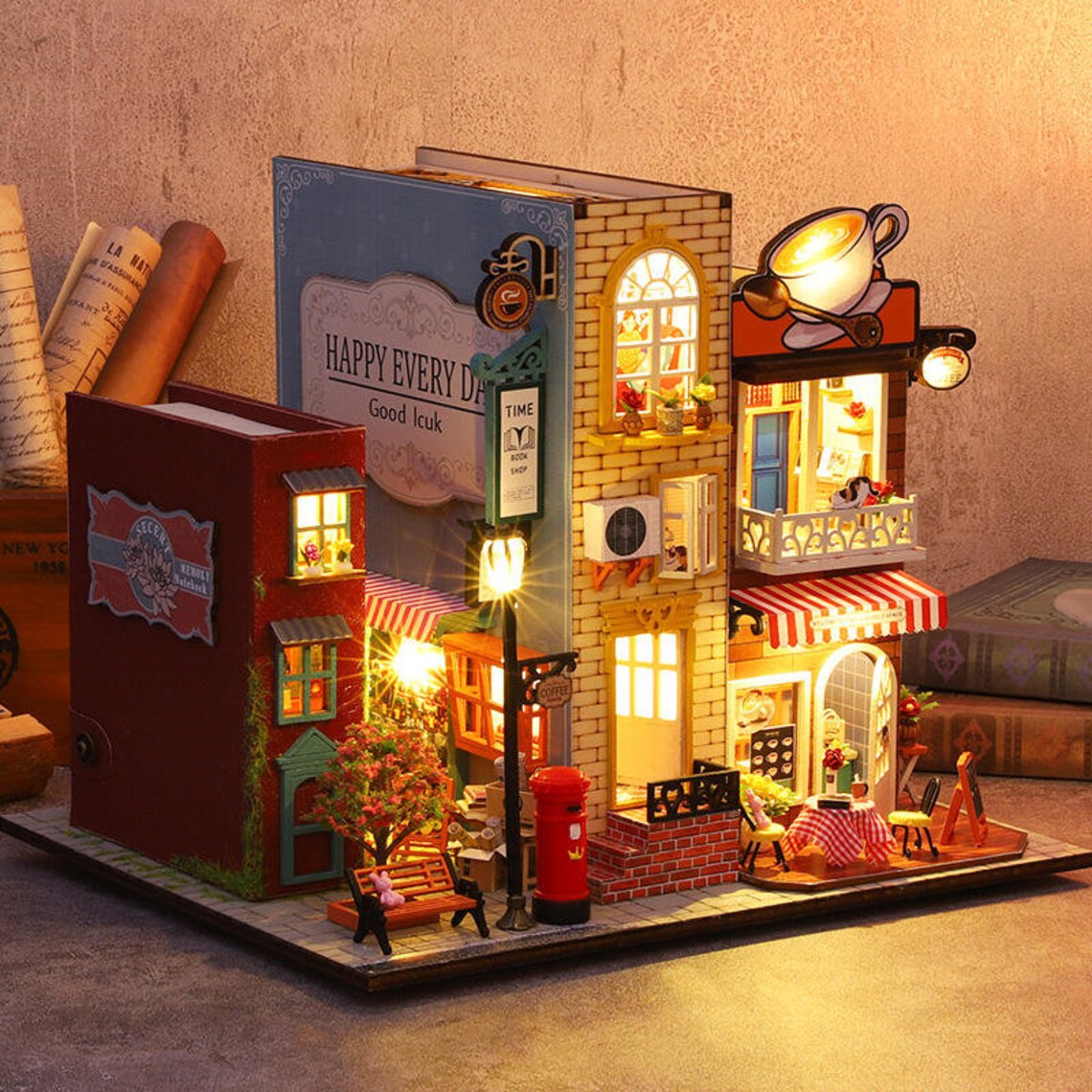 Book Villa DIY Miniature Dollhouse Kit 3D Wooden Puzzle Model Building ...