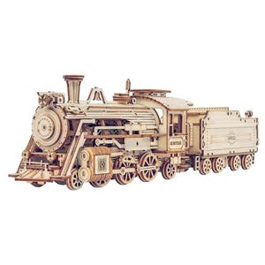 May include: A wooden model of a vintage steam locomotive with intricate details, including wheels, gears, and a smokestack. The model is made of light brown wood and has a realistic design.