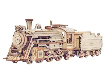 May include: A wooden model of a vintage steam locomotive with intricate details, including wheels, gears, and a smokestack. The model is made of light brown wood and has a realistic design.