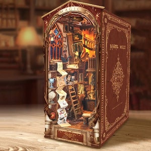 Magic World DIY Book Nook Bookshelf Insert Wooden Furniture Decor Miniature Dollhouse 3D Wooden puzzle DIY Wooden Model Kit