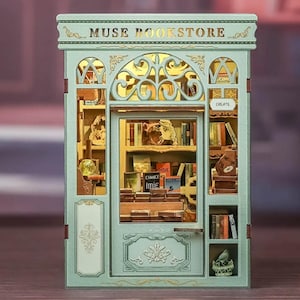 Muse Bookstore DIY Book Nook Bookshelf Insert Wooden Furniture Decor Miniature Dollhouse 3D Wooden puzzle DIY Wooden Model Kit