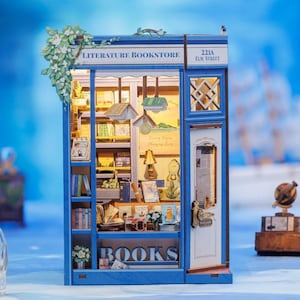 Literature Bookstore DIY Book Nook Bookshelf Insert Wooden Furniture Decor Miniature Dollhouse 3D Wooden puzzle DIY Wooden Model Kit