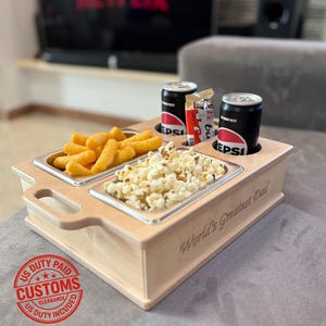 Personalized Couchbar Box Drink and Snack Holder for Sofa - Snack bar - Couchbutler -  World&#39;s Greatest Dad  - Perfect Gift - Movie Night