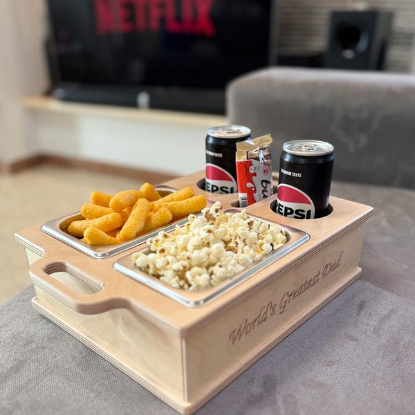 Personalized Couchbar Box Drink and Snack Holder for Sofa - Snack bar - Couchbutler -  World's Greatest Dad  - Perfect Gift - Movie Night
