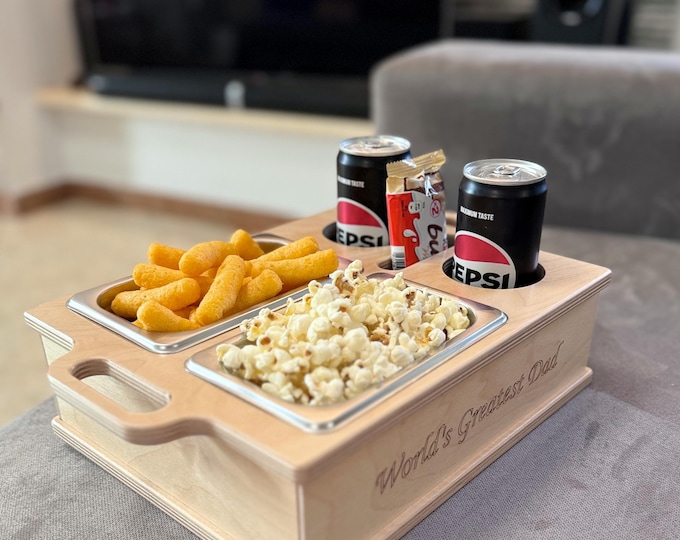 Personalized Couchbar Box Drink and Snack Holder for Sofa - Snack bar - Couchbutler -  World's Greatest Dad  - Perfect Gift - Movie Night