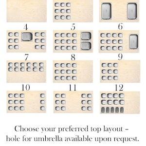 Puede incluir: Una superficie de madera de color claro con doce opciones de dise&ntilde;o para una parte superior. Cada dise&ntilde;o presenta una combinaci&oacute;n de peque&ntilde;os contenedores cuadrados y bandejas met&aacute;licas rectangulares. El texto en la parte inferior dice: "Elija su dise&ntilde;o superior preferido - orificio para sombrilla disponible bajo petici&oacute;n."