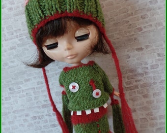 PDF knitting pattern - Zombie dress and brains hat for 12" Blythe