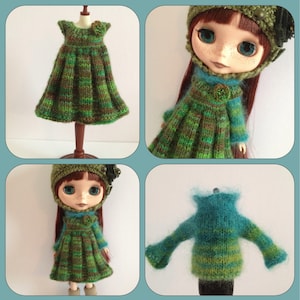 May include: A green and blue striped knitted dress with a high neck and long sleeves. The dress is made of a soft, fuzzy yarn and has a slightly flared skirt. The dress is shown on a doll with red hair and blue eyes.