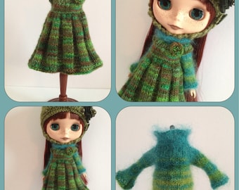 PDF knitting pattern - Cozy Comforts pleated pinafore and sweater Blythe and Middie Blythe.