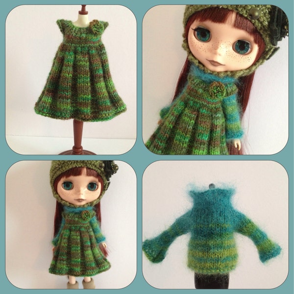 PDF knitting pattern - Cozy Comforts pleated pinafore and sweater Blythe and Middie Blythe.