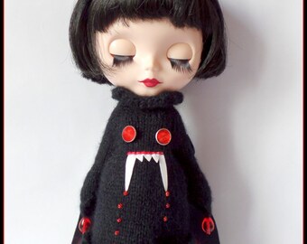 PDF knitting and crochet pattern for Vampire dress, petticoat and felt headband for 12" Blythe