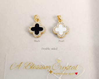 Double Sided Clover Pendant: Black & Pearl, 14K Rolled Gold (15mm)