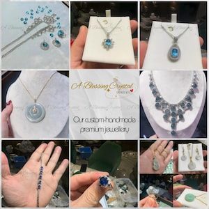 May include: A collection of custom-made jewelry featuring blue and green gemstones. The jewelry includes necklaces, earrings, rings, and pendants. The text "A Blessing Crystal Handmade with Love" is displayed on the image.