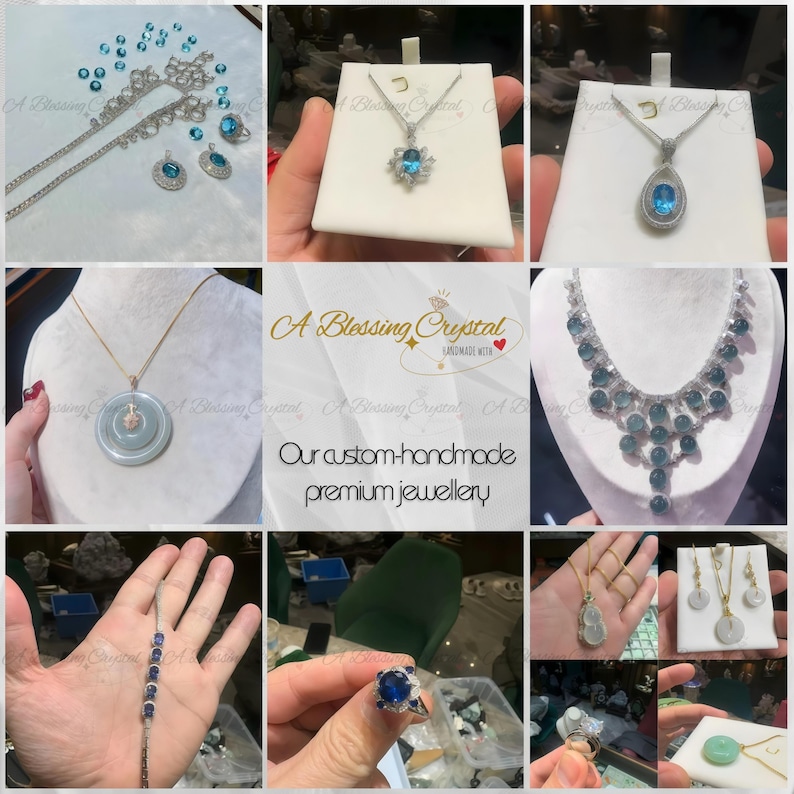 May include: A collection of custom-made jewelry featuring blue and green gemstones. The jewelry includes necklaces, earrings, rings, and pendants. The text "A Blessing Crystal Handmade with Love" is displayed on the image.