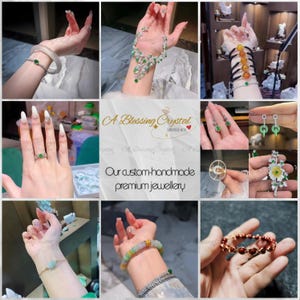 May include: A collection of handmade jewelry featuring jade and other gemstones. The jewelry includes necklaces, bracelets, earrings, and rings. The jewelry is displayed on a white background.