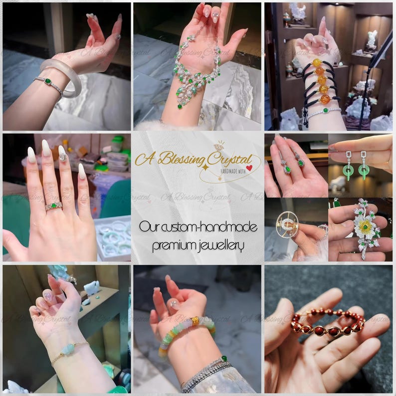 May include: A collection of handmade jewelry featuring jade and other gemstones. The jewelry includes necklaces, bracelets, earrings, and rings. The jewelry is displayed on a white background.