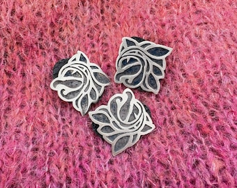 Art Nouveau Magnolia Square Stud Buttons, Jul Designs Knitwear Fastener, Brass & Leather Shawl Jewelry Sweater Closure Set of 3