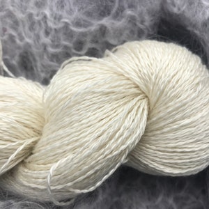May include: A close-up of a skein of off-white yarn, tightly wound, with visible strands and texture. The yarn is in focus, set against a blurred background of gray, fluffy material, suggesting a craft or textile theme.