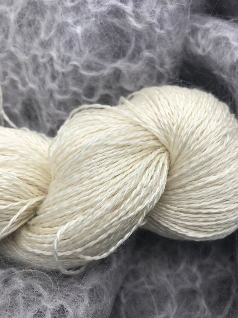 May include: A close-up of a skein of off-white yarn, tightly wound, with visible strands and texture. The yarn is in focus, set against a blurred background of gray, fluffy material, suggesting a craft or textile theme.